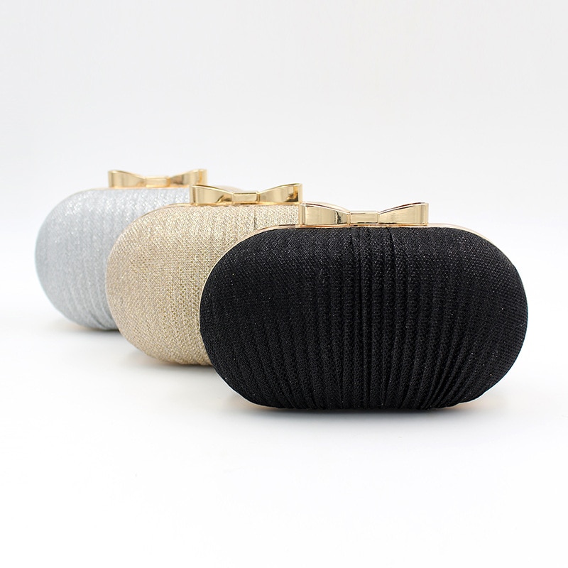 Pochette de soirée noire et argentée pour femmes, sac à main brillant de mariage, sac à bandoulière avec nœud en métal scintillant pour femmes, pochette avec chaîne