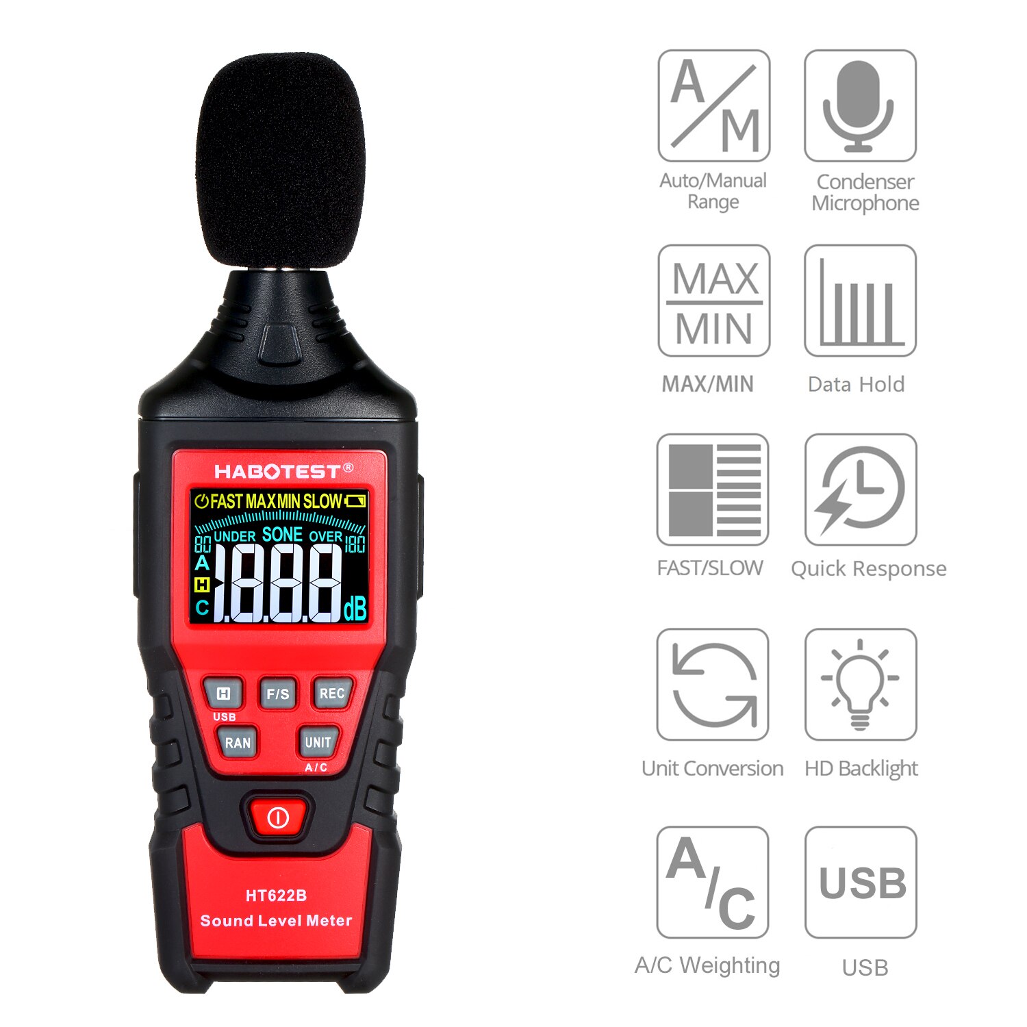 HT622B Digital Noise Meter Met Usb-poort Gewogen Sound Level Meter Lcd-kleurenscherm Noise Sound Detector