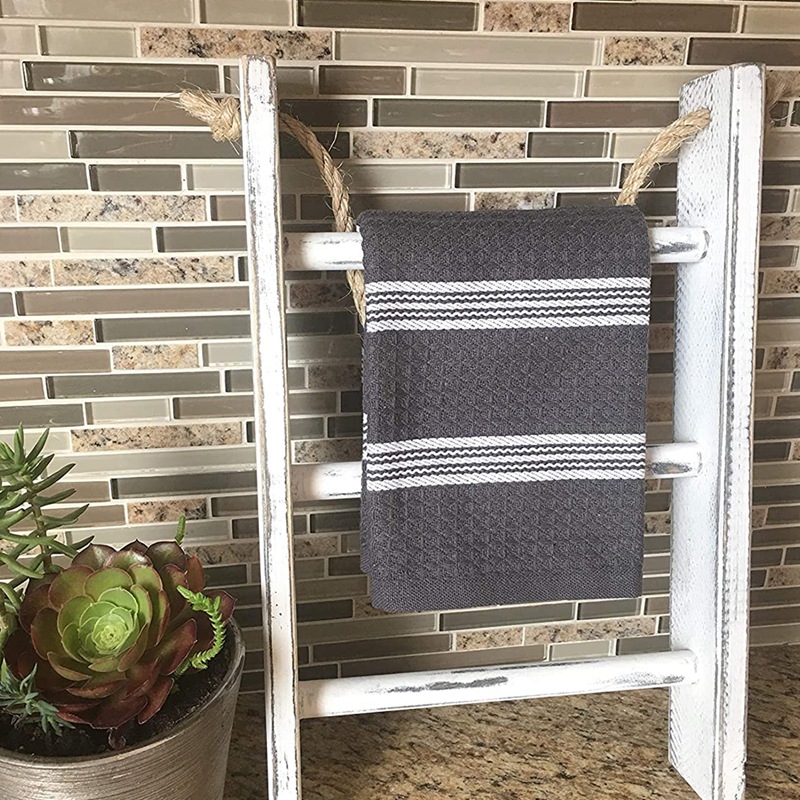 Escalera para colgar en la pared, toallero rústico de madera lavada en blanco, estante de toallas de decoración de granja con cuerda ajustable
