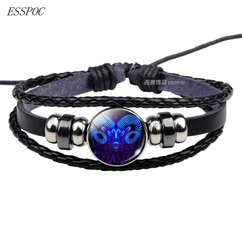 12 stjernebilleder sort reb flettet læder armbånd stjernetegn armbånd cancer leo jomfru libra scorpio til mænd kvinder: Vædderen
