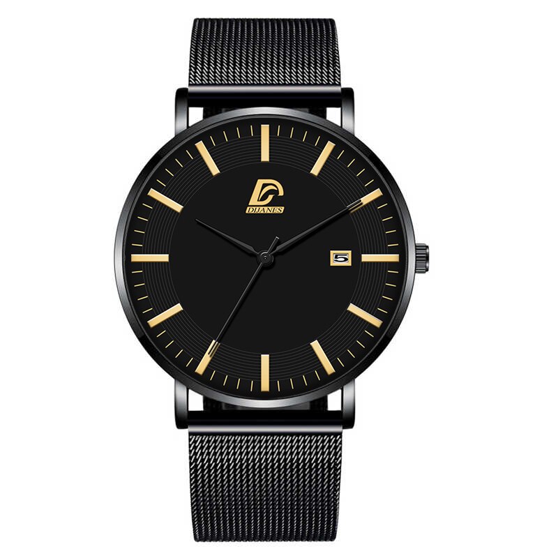 Dijanes miesten business minimalistiset kellot ultraohut ruostumaton teräsverkko vyö analoginen kvartsi rannekello reloj hombre: Mesh musta musta