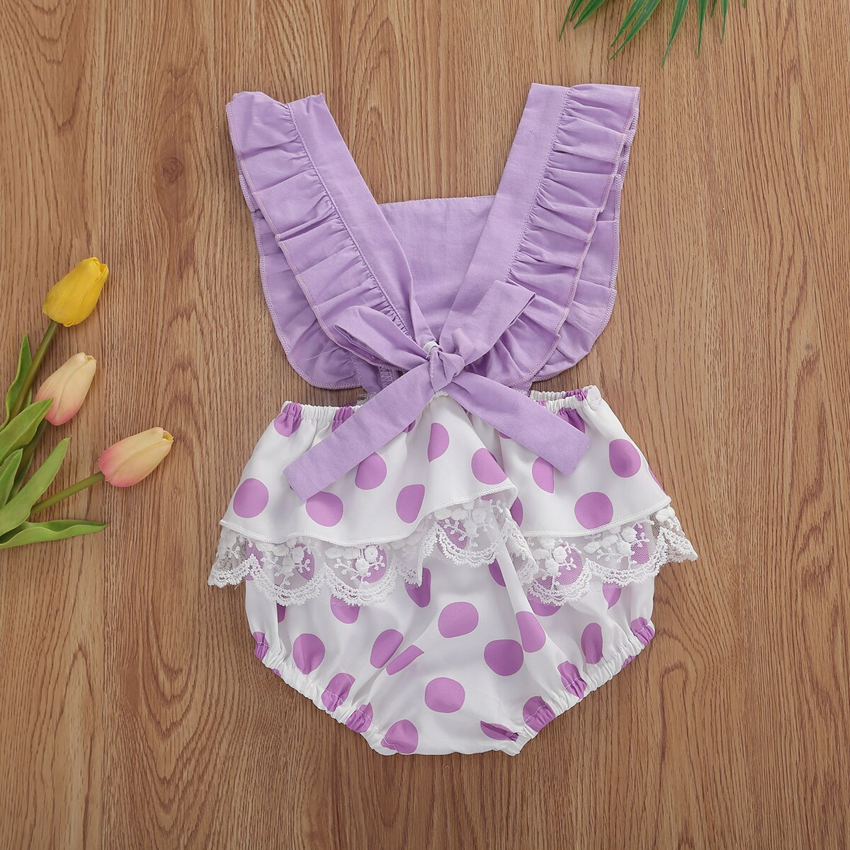 Summer Kids Girls Boys Lovely Bodysuits Lace Polka Dot Print Ruffles Short Sleeve Jumpsuits Outfits 0-24M