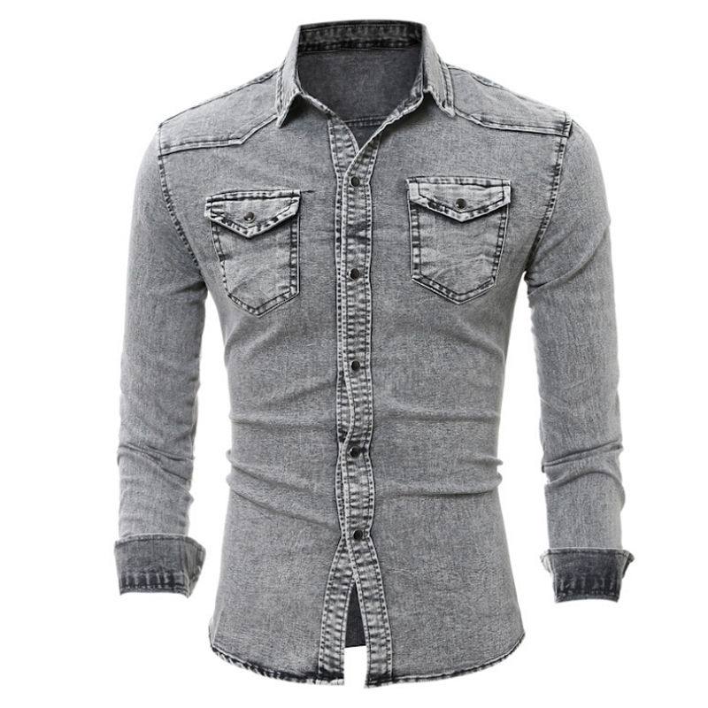 Men's Casual Long Sleeve Bodycon Wash Vintage Slim Fit Denim Jeans Blouse Shirts Tops Man Streetwear Outfits Clothes