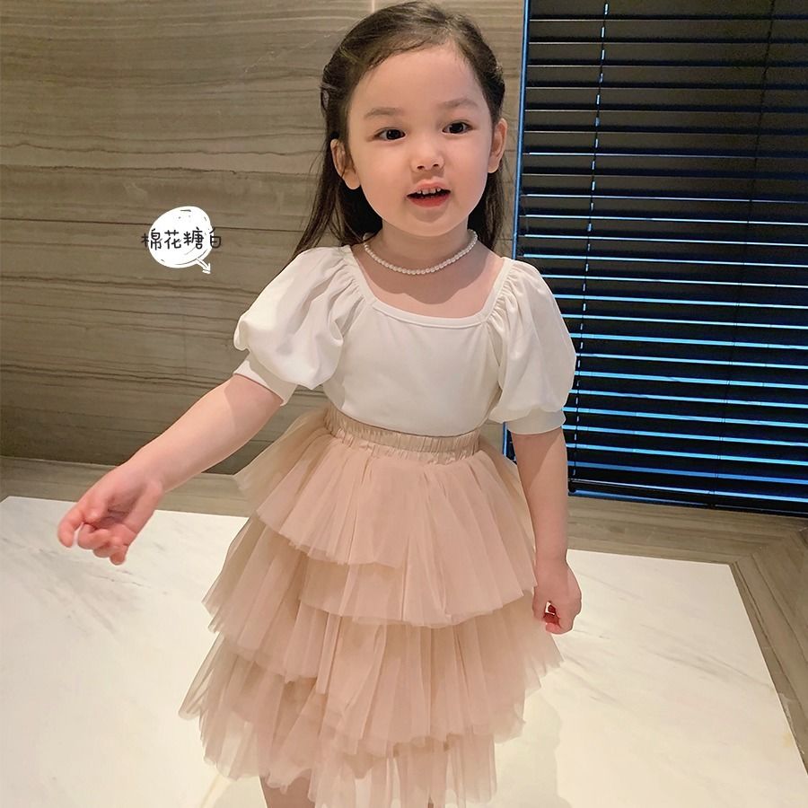 Meisjes Kinderkleding Vierkante Hals Puff Mouwen T-shirt Zomer Dunne Baby Losse Top P6232