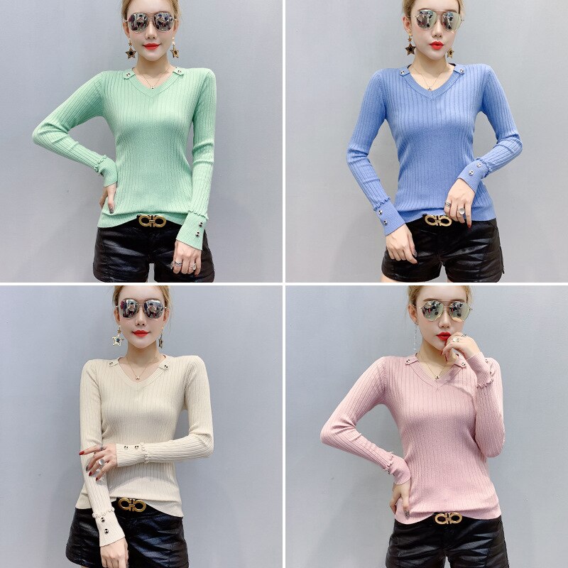 Button V Neck Sweater Women Spring Autumn Solid Knitted Pullover Women Slim Soft Jumper Sweater Female Knit Tops