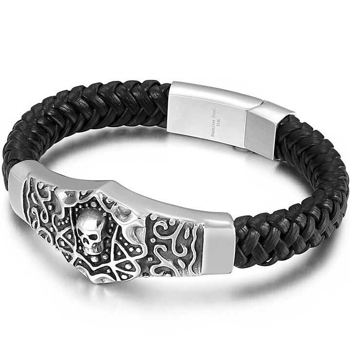 Men's Leather Bracelet 316L Stainless Steel Skull Head Curb Chain Charm Bracelets For Men Gothic Male Jewellery Mannen Armband: Skull Style 22CM