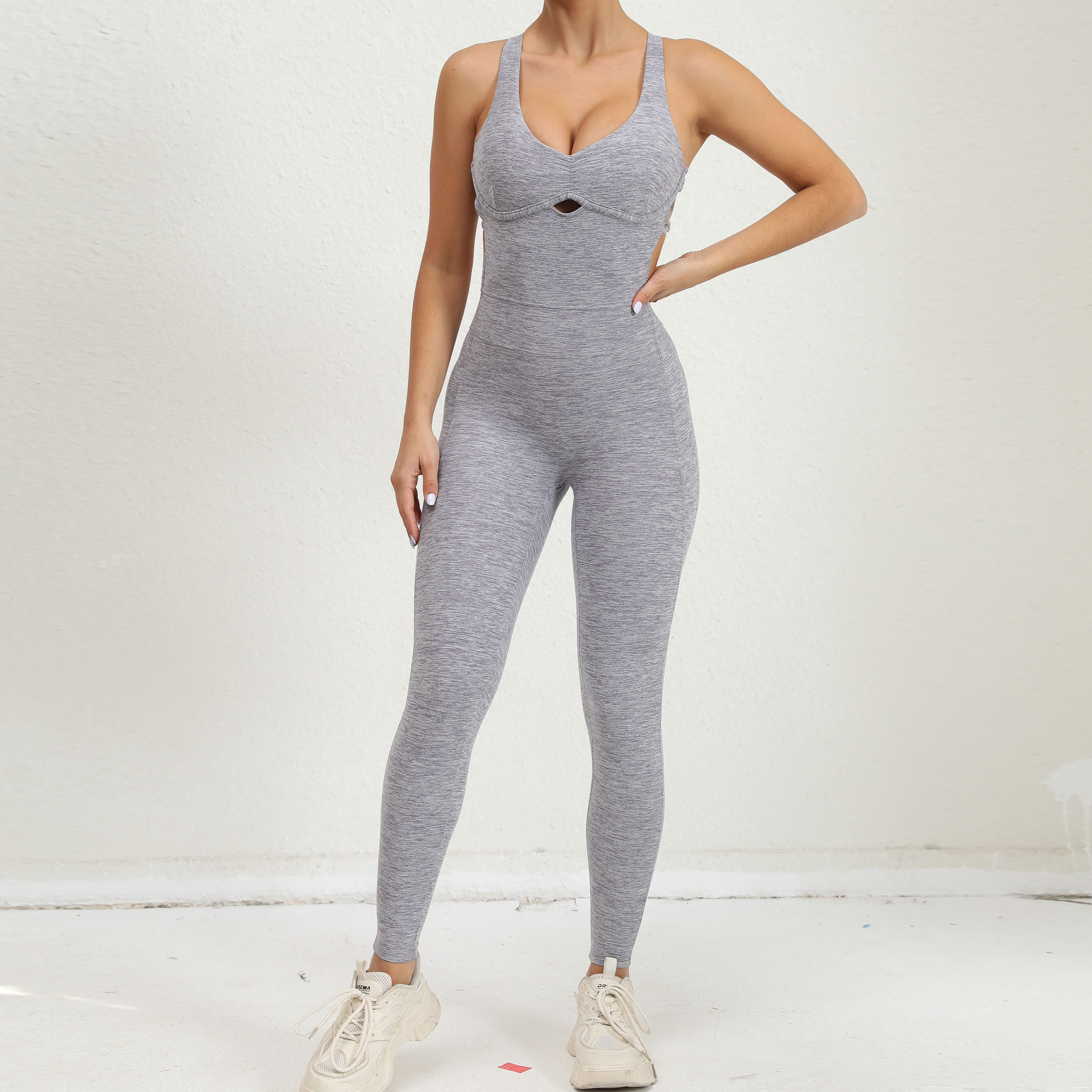 Women's Yoga Rompers One Piece Tummy Control Jumpsuit Padded Sports Bra Romper Fitness Sportwear: L / GRAY