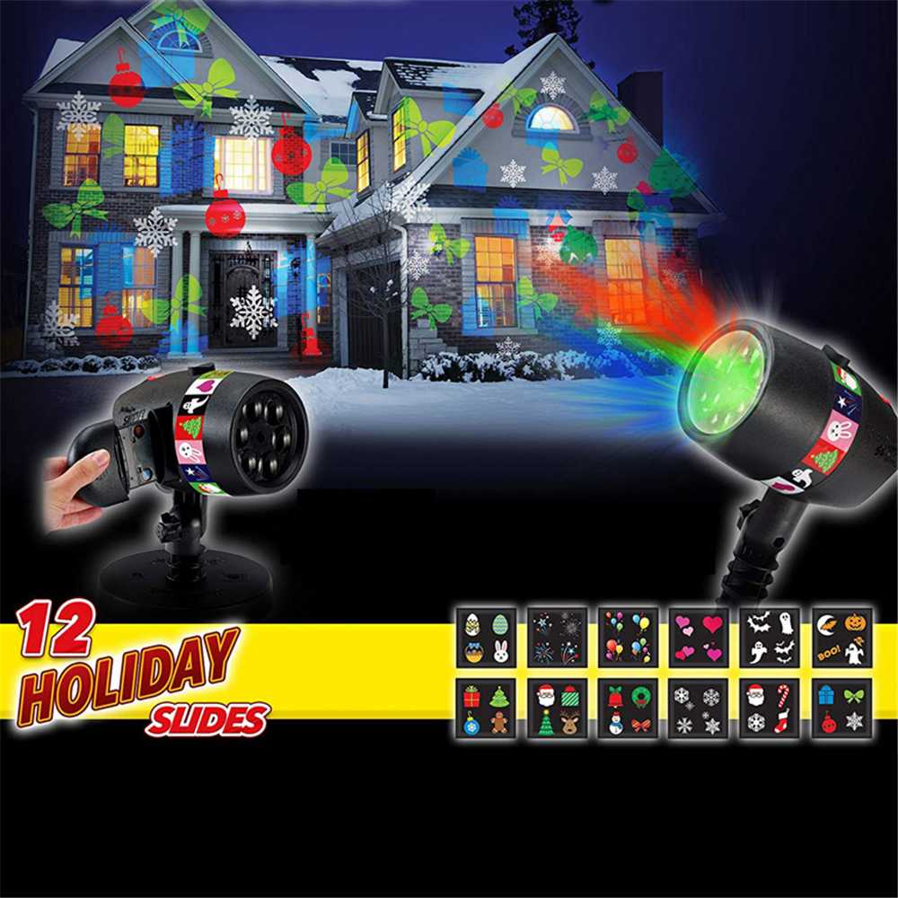 LED Slide Show Projector Lamp USB Outdoor 12 Patterns Snowflake Christmas Halloween Projection Light for Home Decor Party