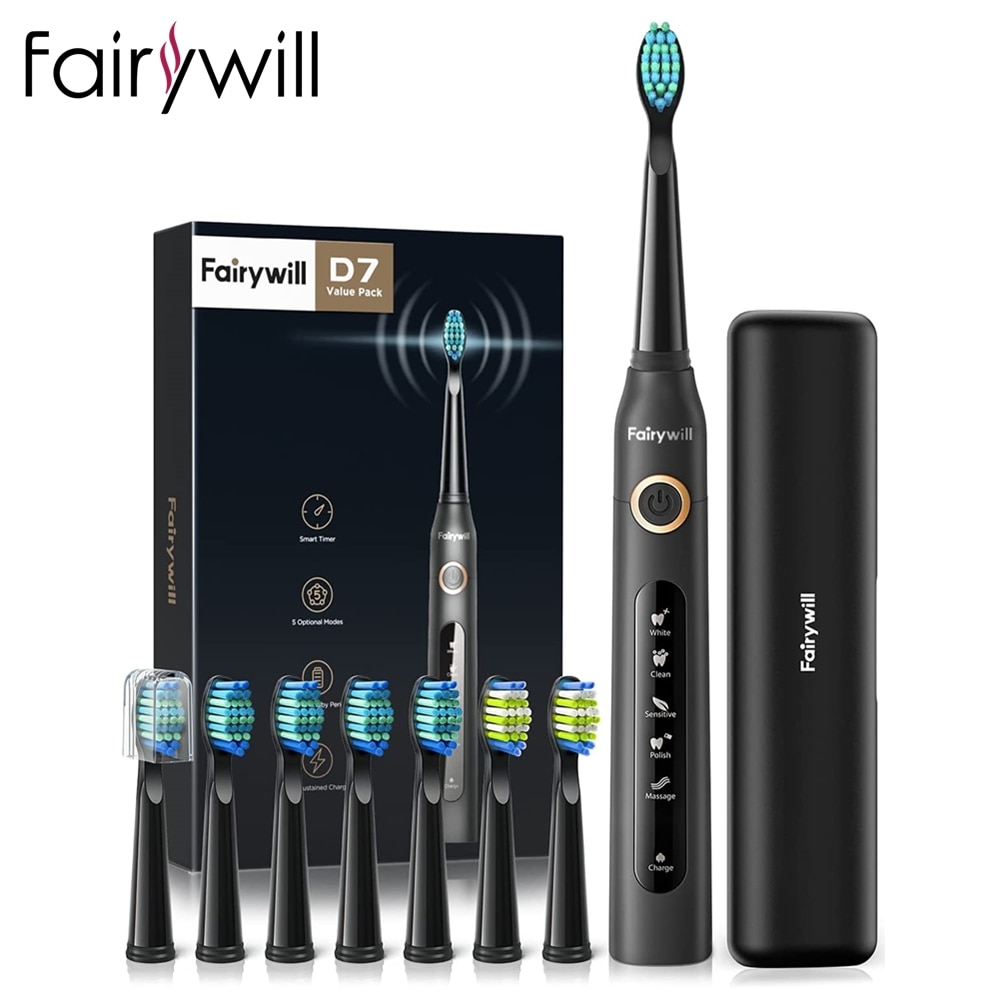 Fairywill-cepillo de dientes eléctrico sónico para adulto, recargable por USB, FW-507, resistente al agua, cabezales de repuesto: FW-ET507-420-8BH