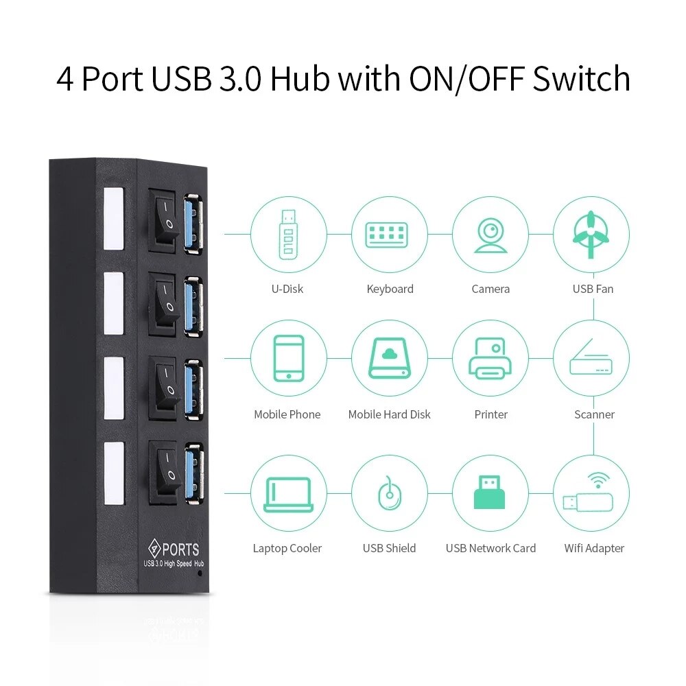 4-Port USB 3.0 Hub USB Splitter 4 Ports Expander with Switch for Pc