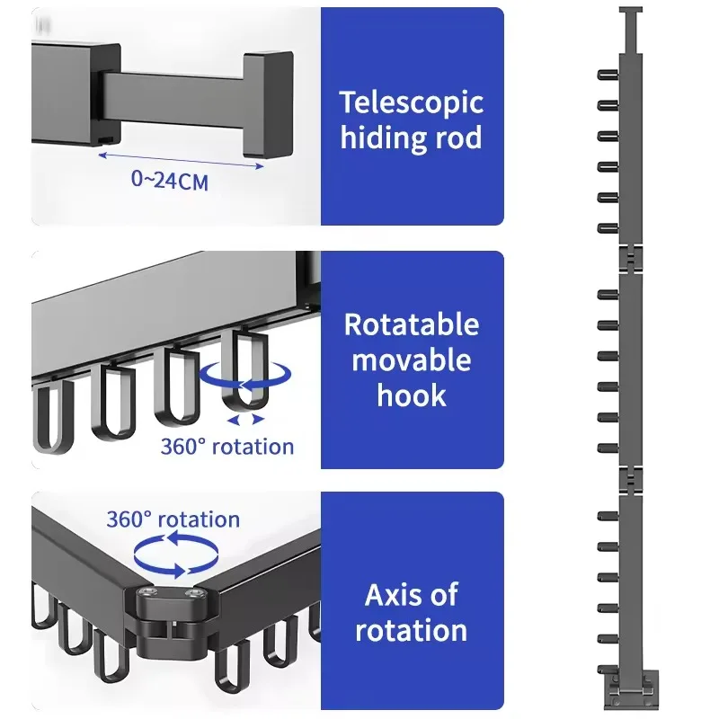 Sammenleggbar kleshenger innendørs og utendørs veggmontert aluminium uttrekkbar plassbesparende kluttørkestativ