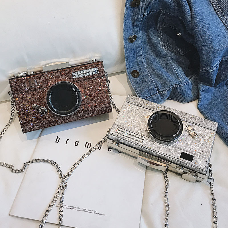 Persoonlijkheid tas dames messenger bags pailletten camera casual pu leren clutch ketting handtas crossbody schoudertassen bolsas