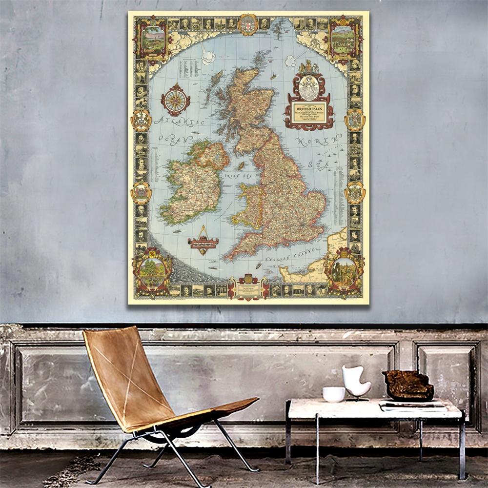 A1 Size Vintage Canvas Scroll Kaart Van Het Koninkrijk Van Grote Britse Voor Woonkamer Wanddecoratie