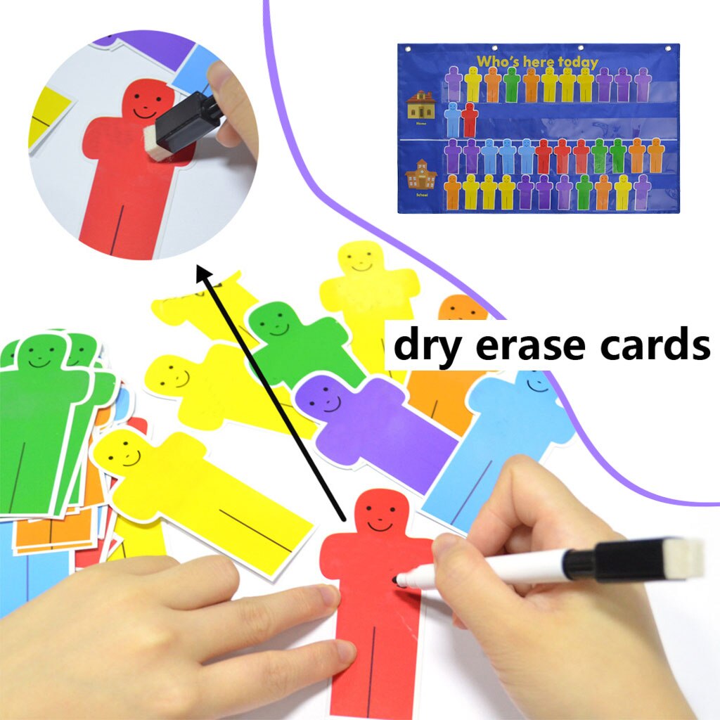 Kid Attendance Pocket Chart Classroom Pocket Chart Sign in Hanging Bag Who Is Here Today for Teacher Preschool Supplies: Blue