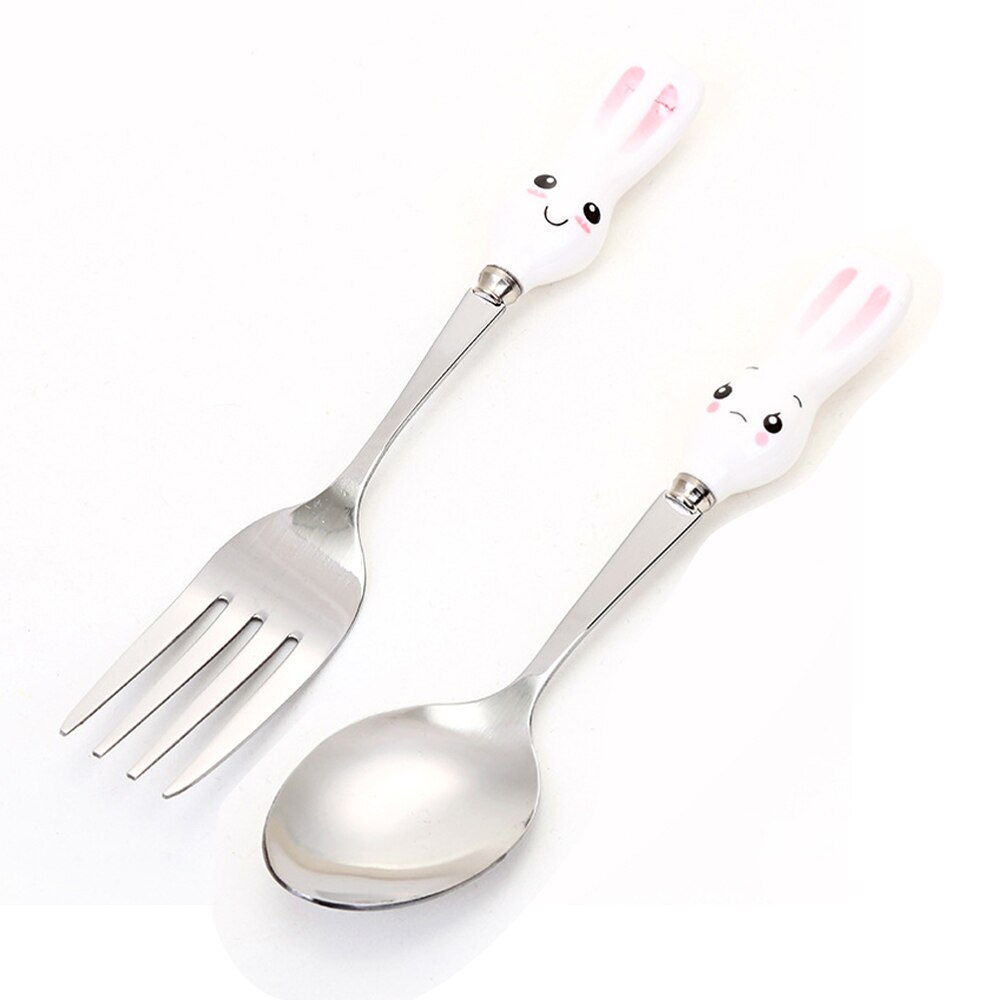 Baby Feeding Spoon Stainless Steel Tableware Dessert Spoon for Children Fork Baby Gadgets Feedkid Children's Cutlery for Kids: rabbit set