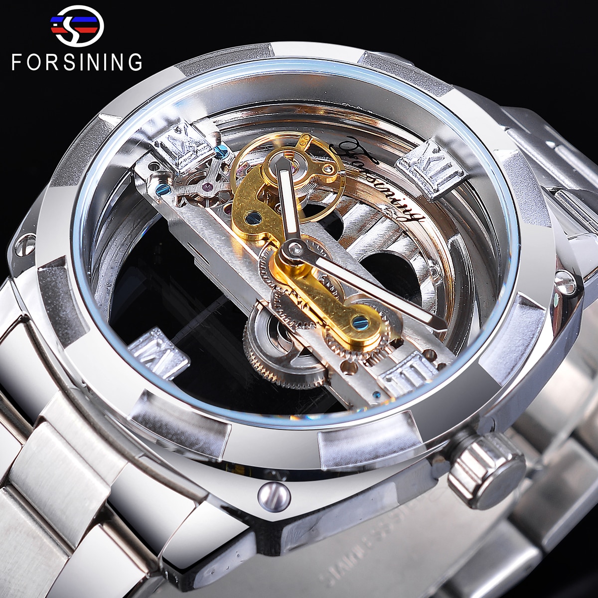 Forsining zilveren vierkante heren transparante mechanische horloges automatische gouden tandwiel skelet roestvrijstalen band herenhorloge