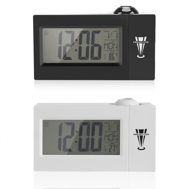 Lcd Screen Digital Led Projection Alarm Clock Calendar Temperature Humidity Wake Up Snooze Function Table Desk Clock Night Lig