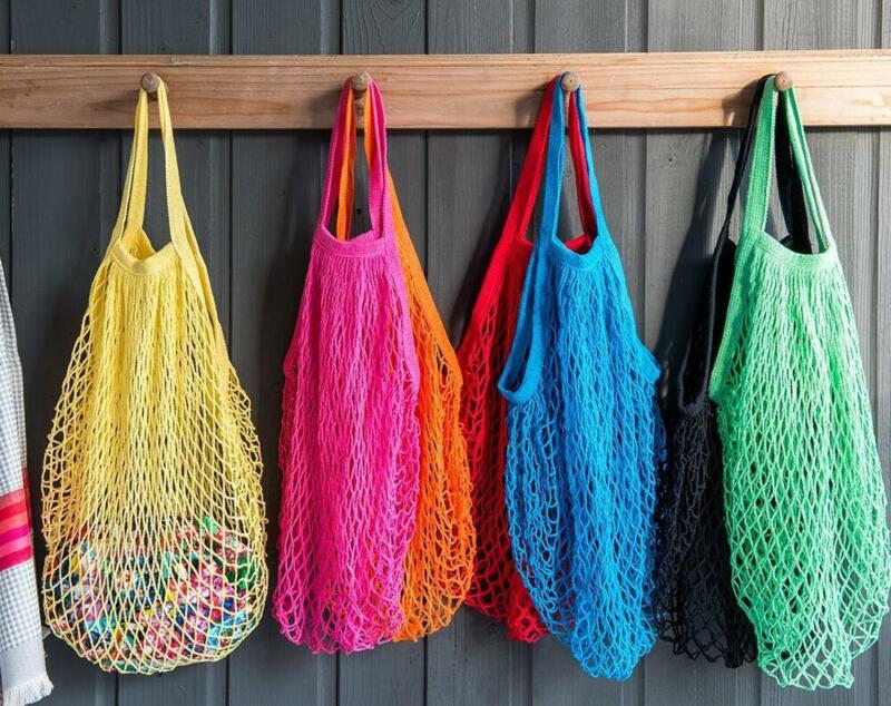Grand cabas de courses réutilisable, sac de courses en coton et mailles tissées à réutiliser pour courses en épicerie avec bandes pour fruits