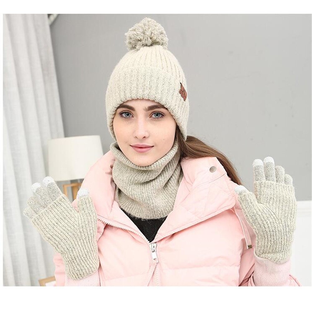 Conjunto de guantes de sombrero con bufanda tejida para mujer, guantes sin dedos para mujer, juego de bufanda Rosa Marled Infinity: Beige