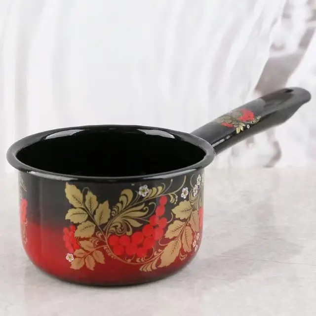 Cacerola de leche esmaltada Vintage con cucharón de mango largo para Gas o cocina de inducción, cucharón de agua esmaltado con estilo Retro para la cocina del hogar: Caqui oscuro