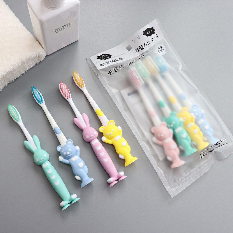 4Pcs/Set Cute Cartoon Kids Toothbrush Bamboo Charcoal Suction Base Soft Hair Children Toothbrush Kids Oral Care Supplies