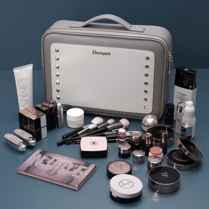 JUNKAI-Bolsa de cosméticos , organizador de maquillaje bonito, material de cuero gris con partición, productos cosméticos de alta capacidad