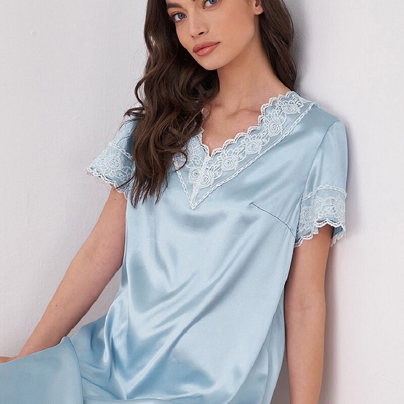 V-neck nightdress sexy lace short-sleeve casual simple and comfortable home silky texture high-end spring/summer