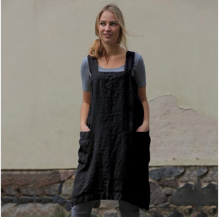 Delantales de lino y algodón de estilo japonés, vendaje cruzado sólido en forma de X para la espalda, cocina, restaurante, delantal de cocina, ropa, Herramientas de limpieza para mujer: XXXL / Negro