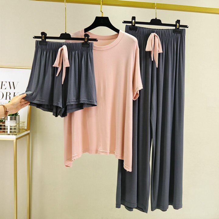 Fdfklak kortärmade shorts + byxor dam 3 st hemdräkt sommarpyjamas modal nattkläder pyjamas femme sovkläder