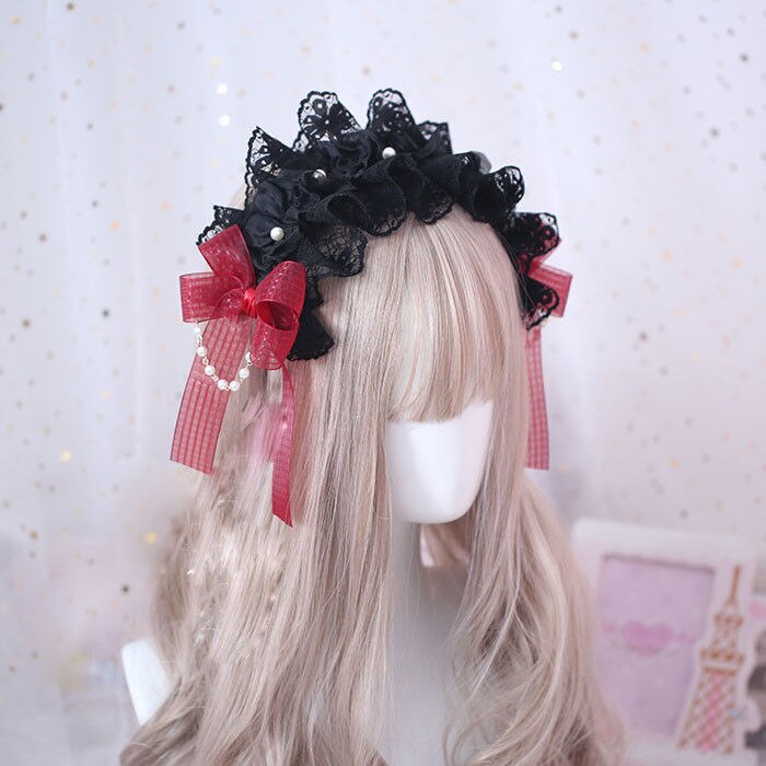 Diadema de estilo japonés gótico Lolita con lazo, accesorios para el cabello, banda para el cabello negra y roja, cadena de perlas hecha a mano
