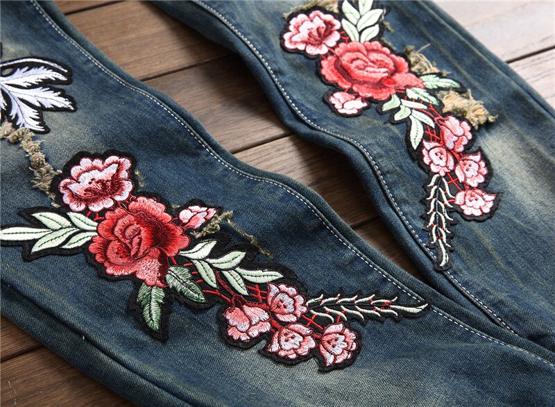 Vaqueros con flores bordadas para hombre, vaqueros de a la , de clásico y de