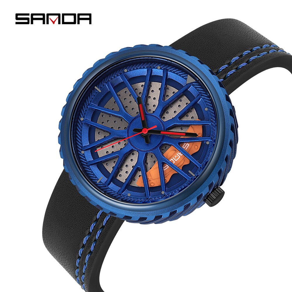 Relojes para hombre, Casual, estilo de rueda de coche, relojes de pulsera creativos para hombre, esfera de rueda de carreras 3D, reloj de cuarzo para hombre, reloj Masculino: Leather blue