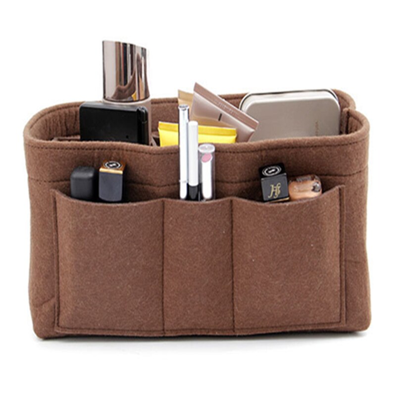 Ruputin kvinder makeup taske filt stof indsats taske organizer make up håndtaske dame rejse organisator multifunktionel kosmetik taske: Brun