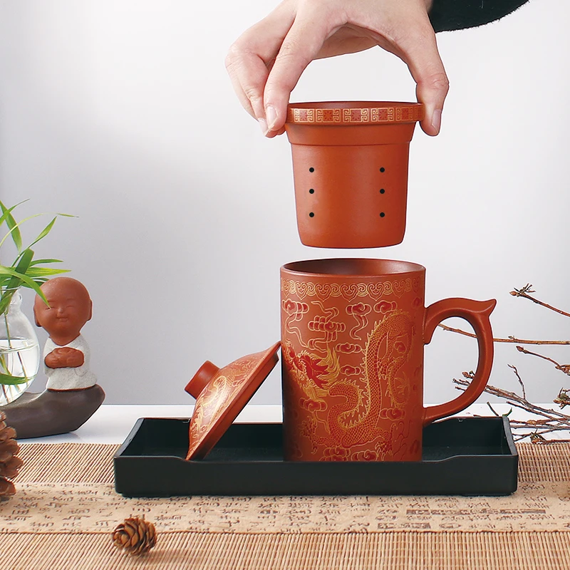 Retro Traditionele Chinese Draak Phenix Paarse Klei Thee Mok met Deksel Zetgroep Handgemaakte Yixing Zisha Thee Cup 300ml Theekopje Mok