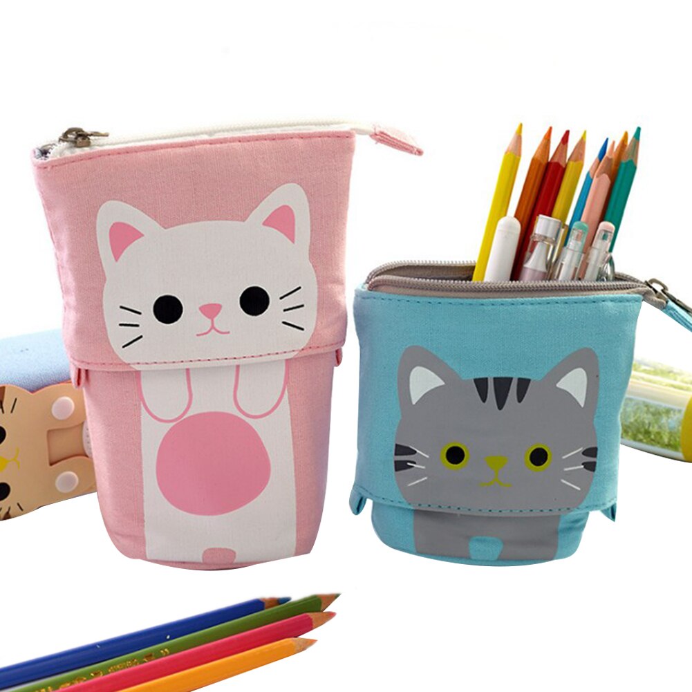 Søde dyr stand up blyant holder teleskop blyant pose stående pen poser opbevaringsboks lærred papirvarer arrangør makeup taske