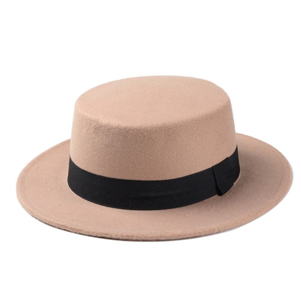 Mode Wol Schipper Flat Top Hat Voor Vrouwen Vilt Brede Rand Fedora Hoed: Beige