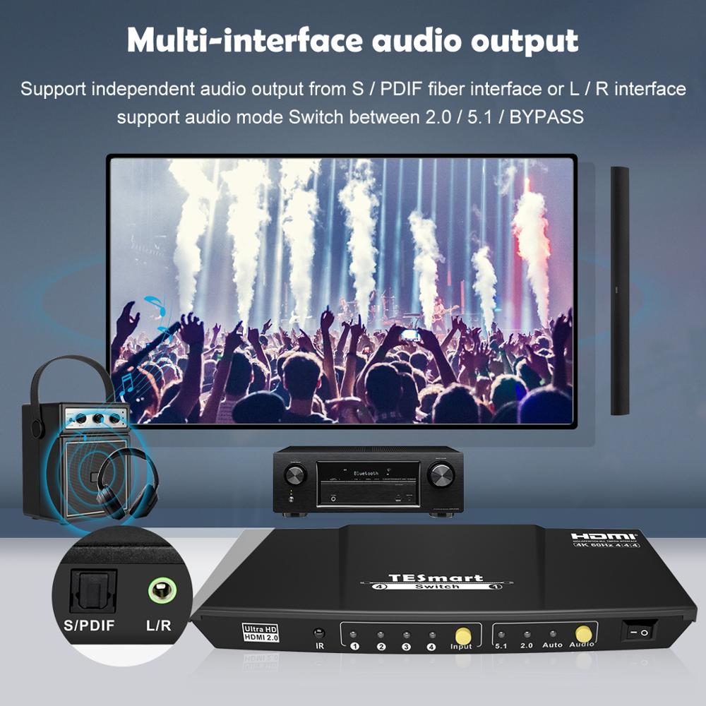 TESmart 4K HDMI Switch 1x4 Port 4 In 1 Out HDMI Switcher HDCP 2.2 Ultra HD With IR Remote HDR 10 S/PDIF L/R audio