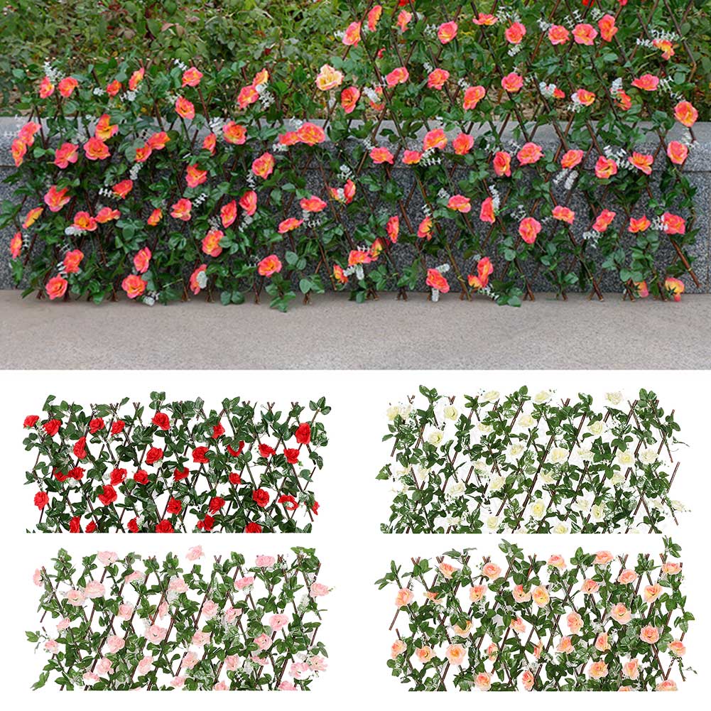 Expanding Trellis Artificial Fence With Buds Leaves Outdoor Screening Telescopic Cloth Flowers Privacy Screen Wooden Hedge