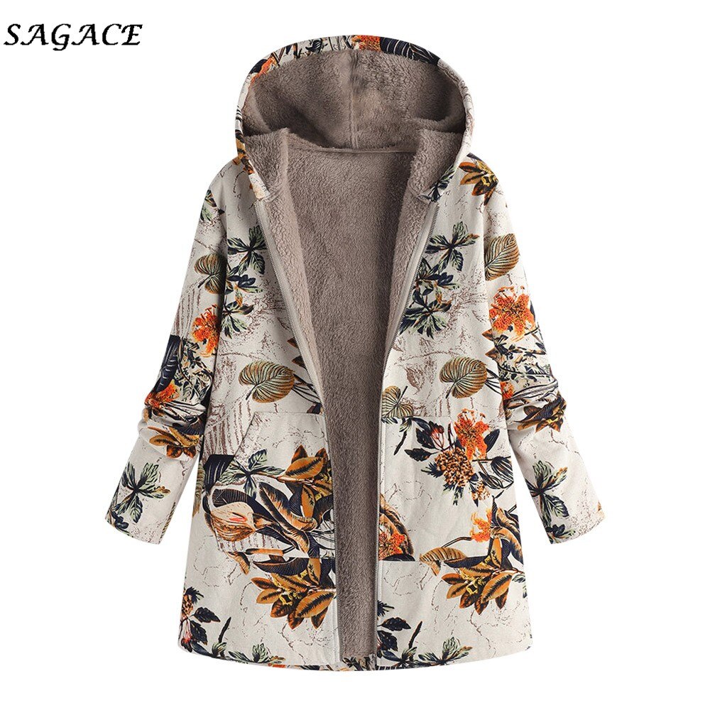Sagace Kleding Jassen Vrouwen Winter Rits Warme Jassen Lady Warm Uitloper Bloemenprint Capuchon Zakken Vintage Oversize Jassen