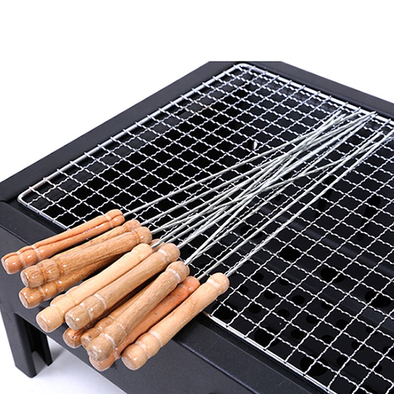 12 stk/sæt bbq grill kødspyd pinde træhåndtag værktøj nål bbq fårekød tilbehør tilbehør stål skæv  c1 v 3