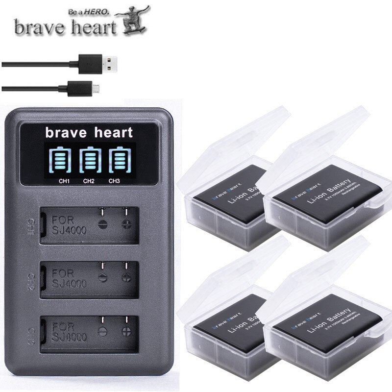 3.7v 1050 mah bateria  sj4000 batteri  sj5000 sj6000 wifi + lcd 3 mye usb-lader til sjcam  sj 4000 5000 6000 7000 8000 sj9000 m10: 4 batterier og 1 lader