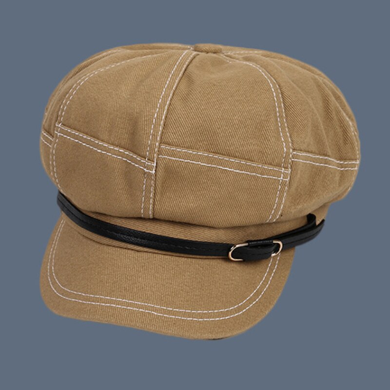 HT3319 Women Berets Spring Autumn Women Hat Retro Leather Belt Octagonal Newsboy Cap Ladies Solid Plain Artist Painter Beret Hat: Khaki