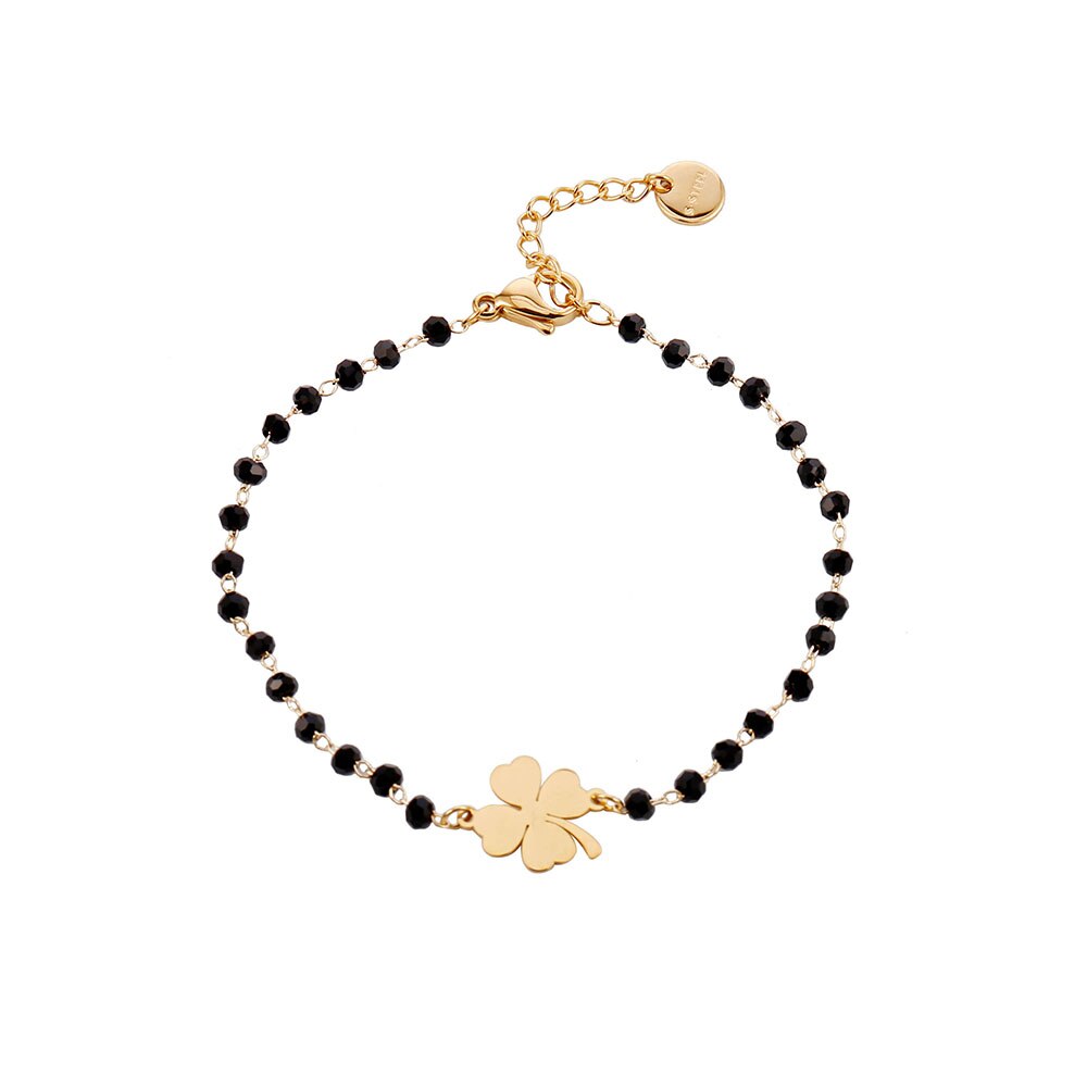 Or Rose trèfle acier inoxydable Bracelets porte-bonheur femmes noir cristal perles chaîne Bracelet bijoux De Joyas De Mujer: Gold