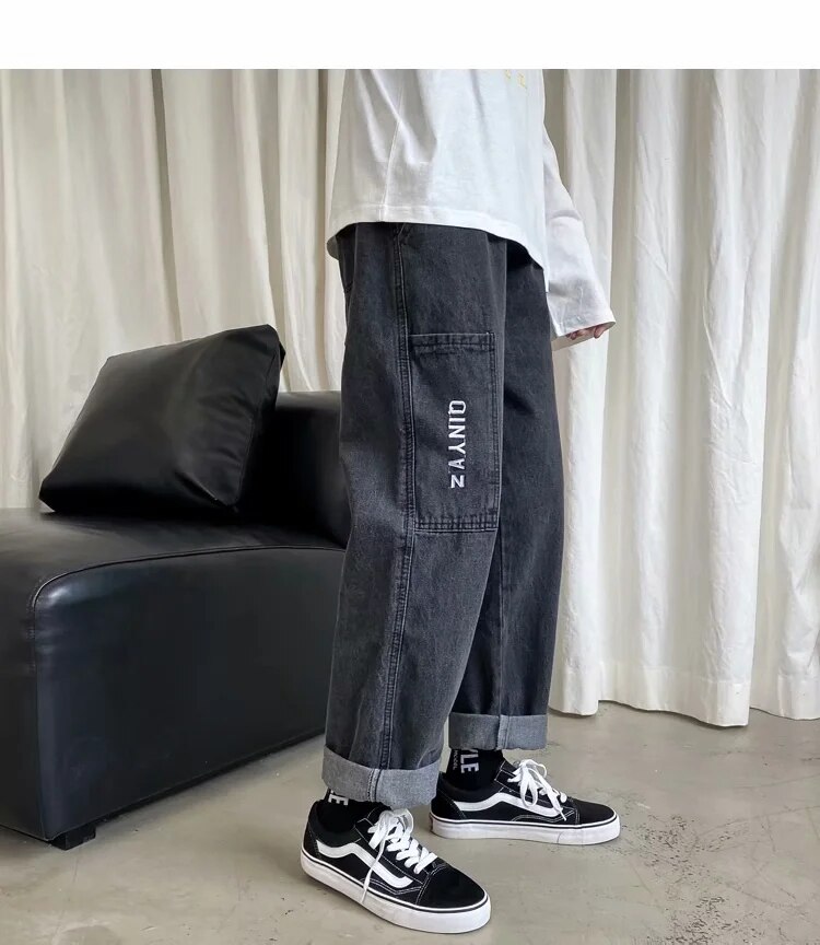 Homme jean pantalon jambe droite jeune élastique cordon ceinture jeune shalwar garçon décontracté pantalons large jambe baggy pantalon bleu: black / XL