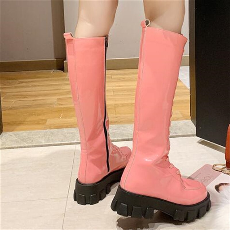 Herfst Night Club Hoge Hakken Schoenen Vrouwen Kniehoge Laarzen Lakleer Platform Laarzen Winter Lange Motorlaarzen Vrouw zwart