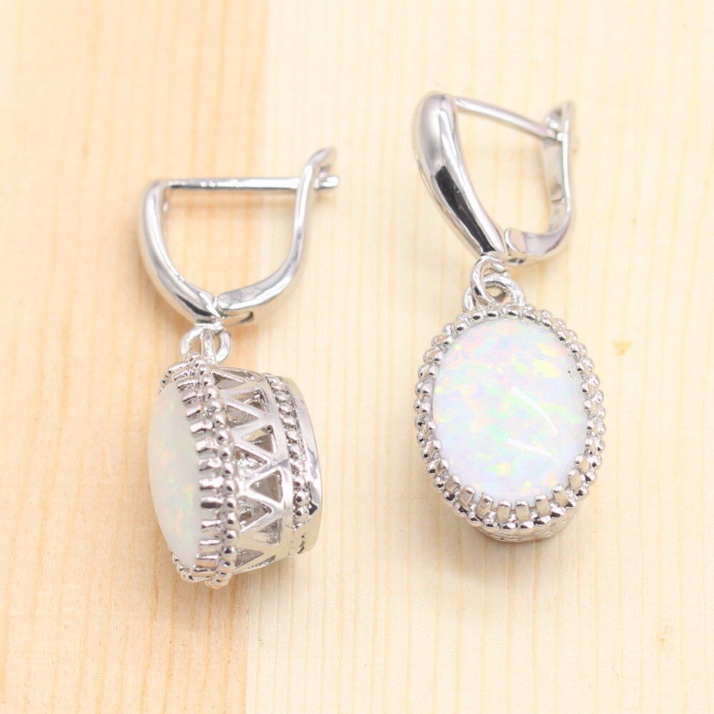 Klassieke Vrouwen Sliver Kleur Sieraden Sets White Opal Ketting Hanger Oorbellen Trouwringen Opal Armband Sets Voor Dance Party