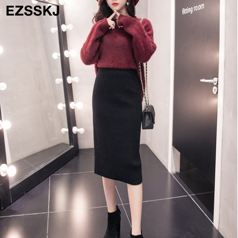 Faldas de mujer de banda elástica de 60-80CM, Falda recta de punto cálida de otoño e invierno, falda negra medio larga acanalada