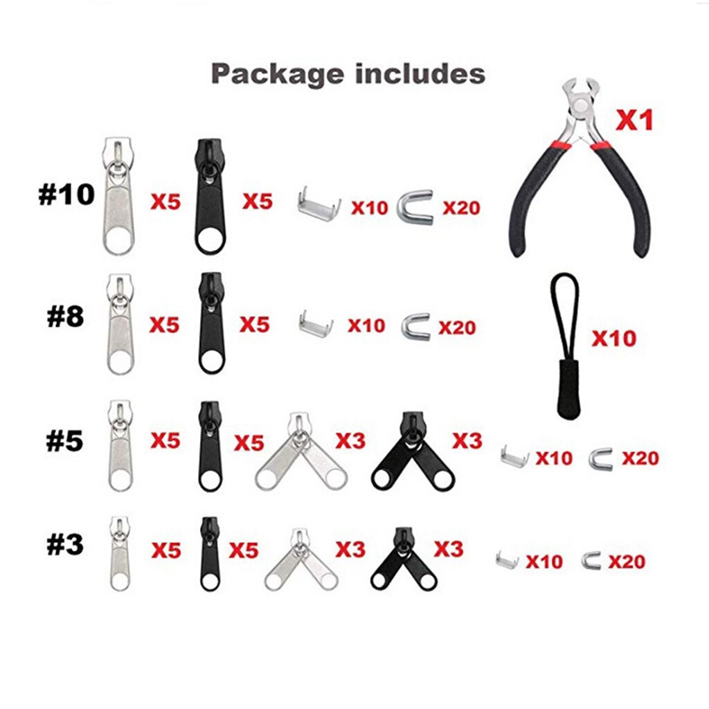 183Pcs Zipper Repair Kit Replacement Full Set Zipper Pull Puller Rescue Kit with Install Plier Tool - Silver and Black