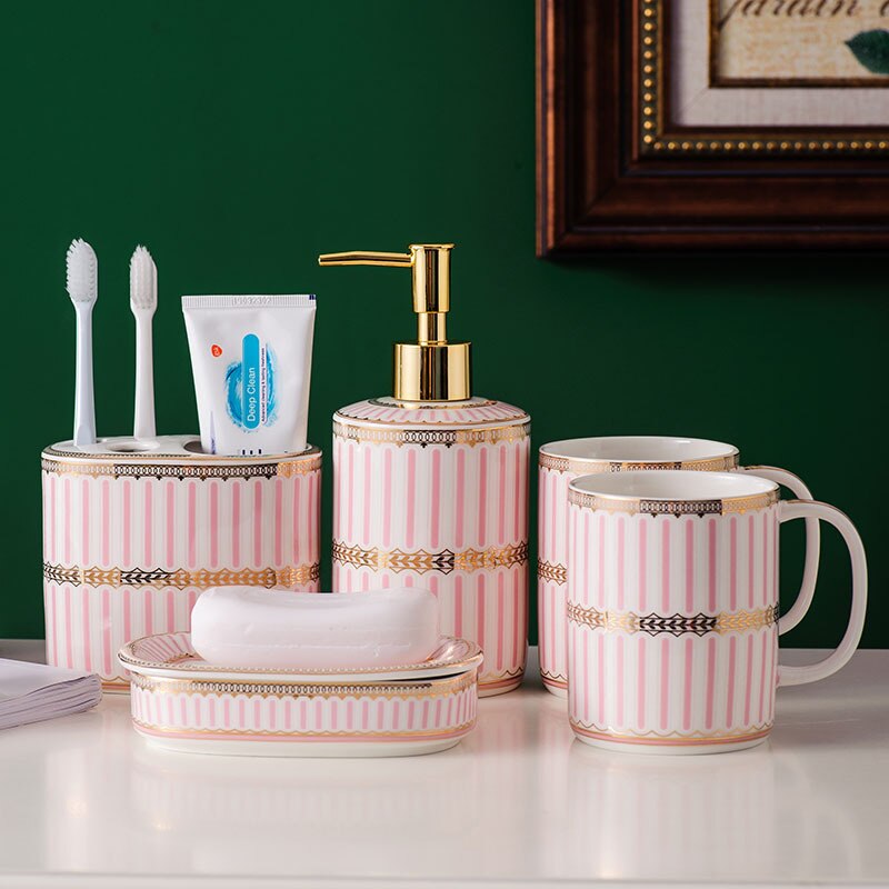 Luxury Blue Gold Ceramic Bathroom Five-piece Bathroom Supplies Soap Dispenser Brushing Mouth Cup Soap Dish Tray Toiletry Set