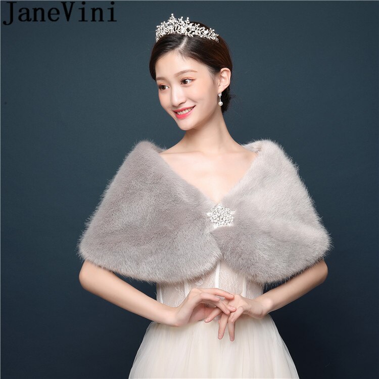 JaneVini Winter Grau Pelz Abend Bolero für Frauen Perlen Stift Braut Umhänge Stola Hochzeit Faux Fell wickeln Schal Partei Mantel Bolero